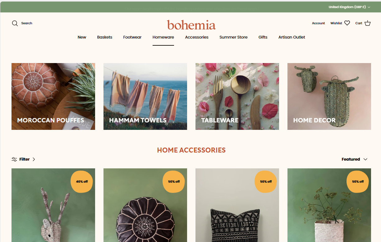 Homeware category navigation
